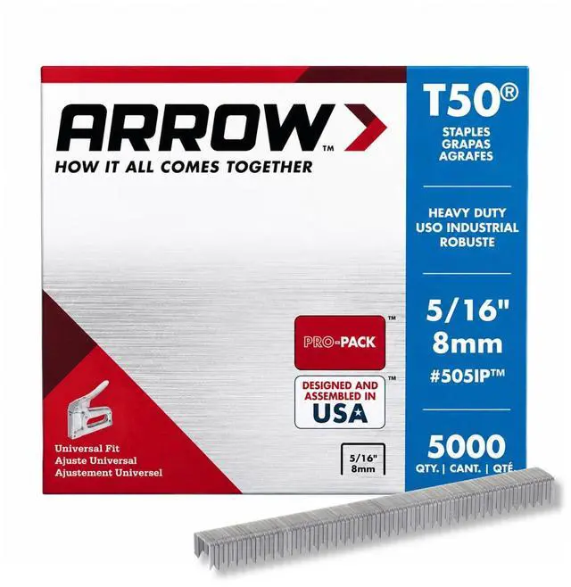 Main image of 505IP Heavy Duty T50 Staples for Upholstery, Construction, Furniture, Crafts, 3/8-Inch Crown Size, 5/16-Inch Leg Length, 5000-Pack, Made in the USA