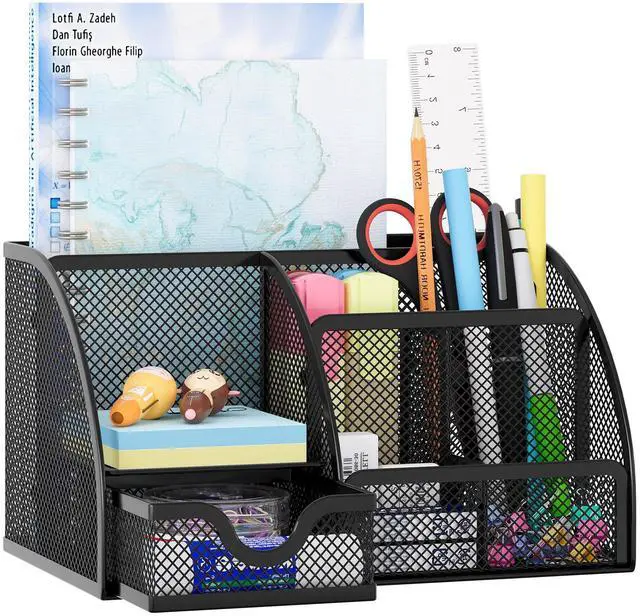 Main image of Mesh Desk Organizer with Drawer Multi-functional Pen Holder Stationery Organizer for Office School Supplies 6 Compartments Dorm Organizers and Storage for Desk, Black