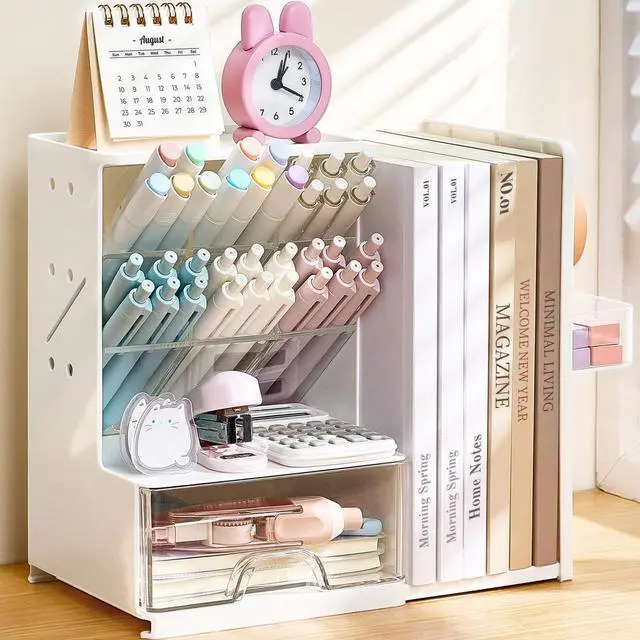 Main image of Desk Organizer with Bookends, Pegboard & Drawer, Pen & Pencil Holder | Desk Accessories with 5 Compartments, Teacher School Office Supplies, Dorm Room Organization Storage for Sticky Notes, White