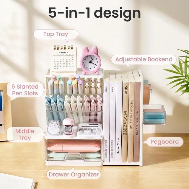 Alt view image 3 of 7 - Desk Organizer with Bookends, Pegboard & Drawer, Pen & Pencil Holder | Desk Accessories with 5 Compartments, Teacher School Office Supplies, Dorm Room Organization Storage for Sticky Notes, Pink