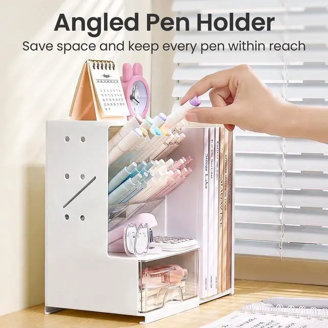 Alt view image 4 of 7 - Desk Organizer with Bookends, Pegboard & Drawer, Pen & Pencil Holder | Desk Accessories with 5 Compartments, Teacher School Office Supplies, Dorm Room Organization Storage for Sticky Notes, Pink