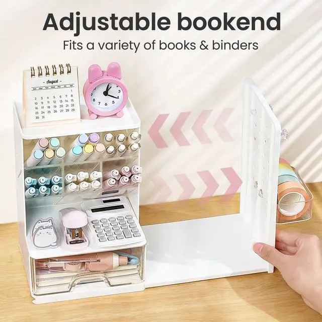 Alt view image 5 of 7 - Desk Organizer with Bookends, Pegboard & Drawer, Pen & Pencil Holder | Desk Accessories with 5 Compartments, Teacher School Office Supplies, Dorm Room Organization Storage for Sticky Notes, Pink