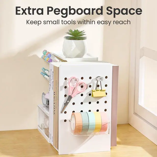 Alt view image 6 of 7 - Desk Organizer with Bookends, Pegboard & Drawer, Pen & Pencil Holder | Desk Accessories with 5 Compartments, Teacher School Office Supplies, Dorm Room Organization Storage for Sticky Notes, Pink