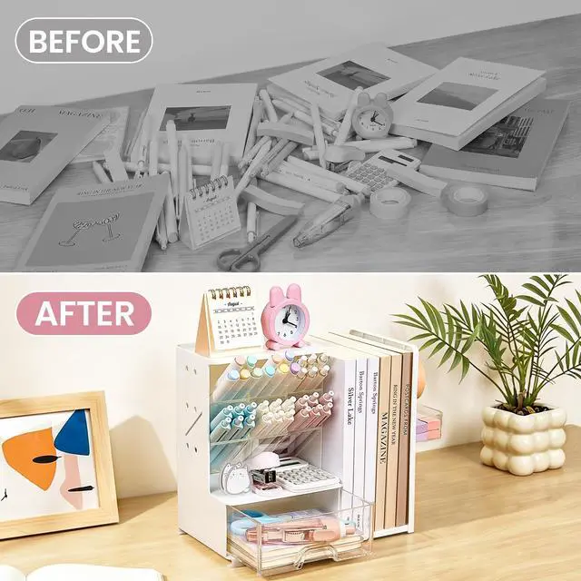 Alt view image 7 of 7 - Desk Organizer with Bookends, Pegboard & Drawer, Pen & Pencil Holder | Desk Accessories with 5 Compartments, Teacher School Office Supplies, Dorm Room Organization Storage for Sticky Notes, Pink