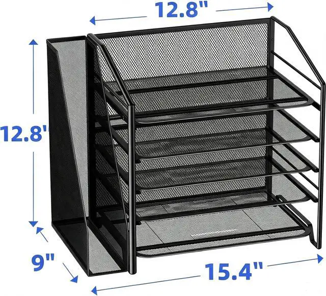 Alt view image 3 of 7 - 5-Tier Desk File Organizer, Paper Organizer, Black | Adjustable Letter Trays, Side File Shelf, Durable Steel Mesh, Space Saving, for Home Office, 15.4"L x 9"W x 12.8"H