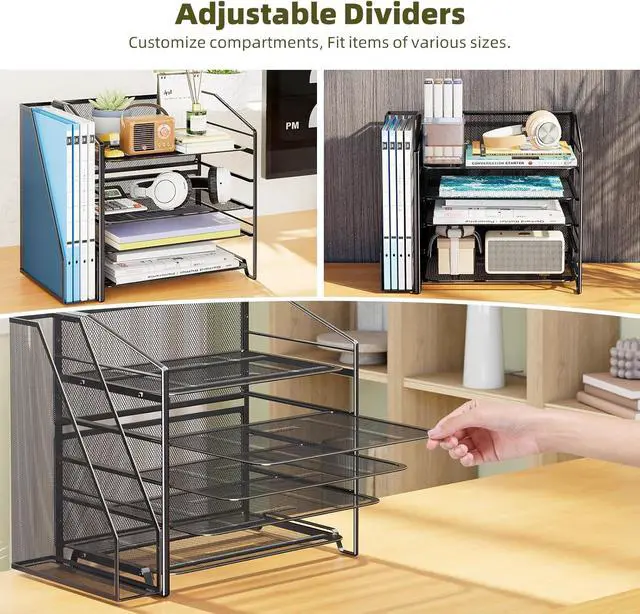 Alt view image 6 of 7 - 5-Tier Desk File Organizer, Paper Organizer, Black | Adjustable Letter Trays, Side File Shelf, Durable Steel Mesh, Space Saving, for Home Office, 15.4"L x 9"W x 12.8"H