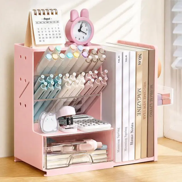 Main image of Desk Organizer with Bookends, Pegboard & Drawer, Pen & Pencil Holder | Desk Accessories with 5 Compartments, Teacher School Office Supplies, Dorm Room Organization Storage for Sticky Notes, Pink