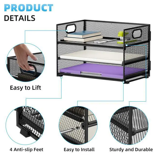 Alt view image 4 of 6 - 3 Tier Paper Organizer Letter Tray, Mesh File Organizer with Handle, Paper Sorter Desk Organizer for Home Office Supplies