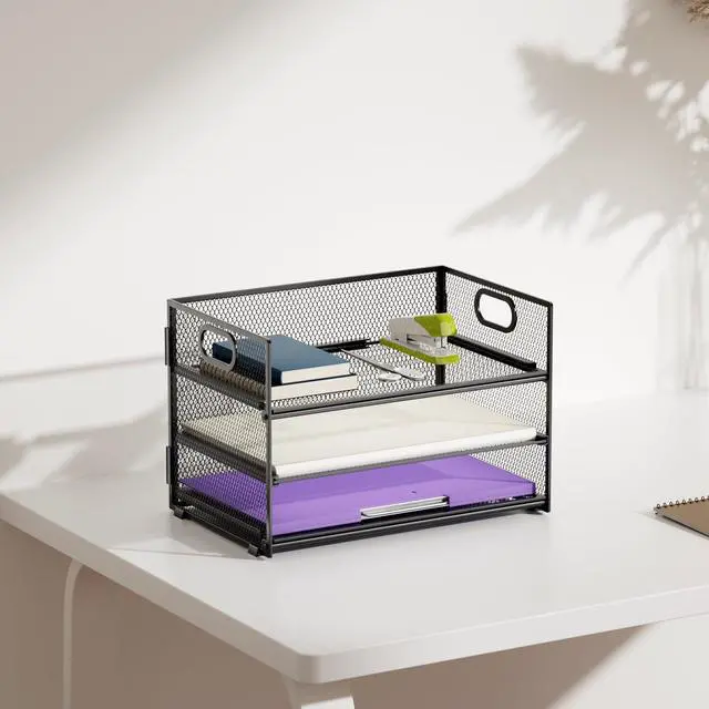 Alt view image 6 of 6 - 3 Tier Paper Organizer Letter Tray, Mesh File Organizer with Handle, Paper Sorter Desk Organizer for Home Office Supplies