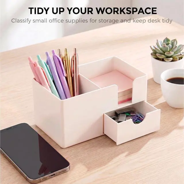 Alt view image 7 of 7 - Small Desk Organizer with Sticky Notes Holder,Pen Holder for Desk | Pen Organizer for Desk,3 Compartments Office Desk Organizer with Drawer for Office,School & College Dorm Room