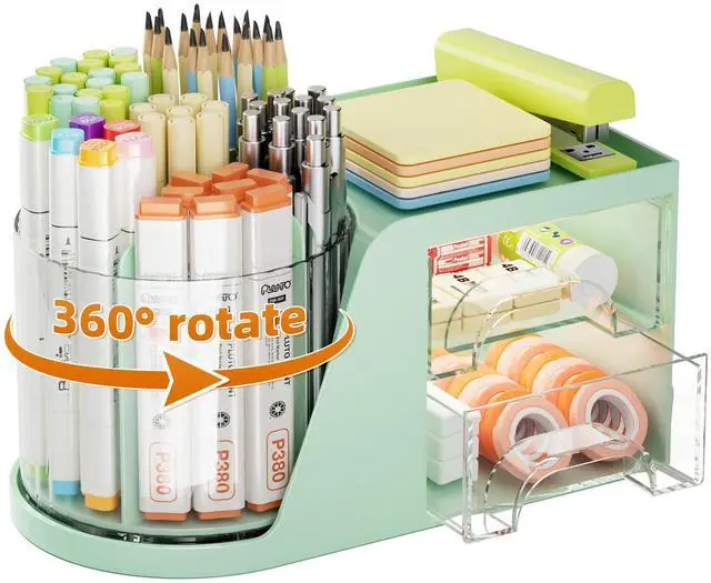Main image of Desk Organizer with 2 Drawer, 360°Rotating Pen Holder, Desk Organizers and Accessories with 6 Slots Pencil Holder + 2 Drawer, Art Supply Storage Box Caddy for Office (Green)