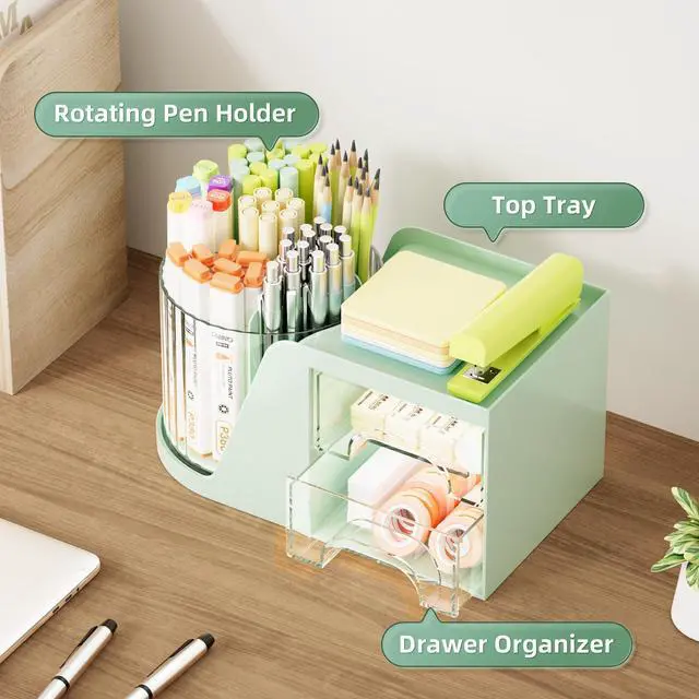 Alt view image 2 of 7 - Desk Organizer with 2 Drawer, 360°Rotating Pen Holder, Desk Organizers and Accessories with 6 Slots Pencil Holder + 2 Drawer, Art Supply Storage Box Caddy for Office (Green)