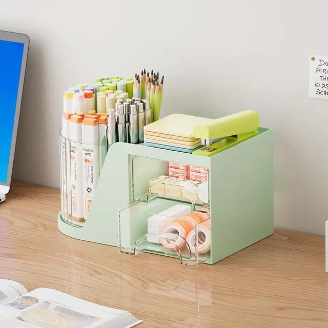 Alt view image 4 of 7 - Desk Organizer with 2 Drawer, 360°Rotating Pen Holder, Desk Organizers and Accessories with 6 Slots Pencil Holder + 2 Drawer, Art Supply Storage Box Caddy for Office (Green)