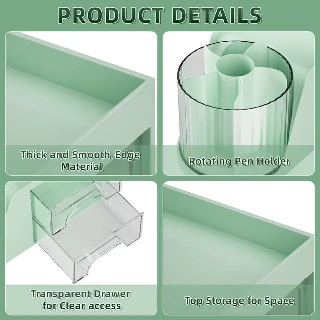 Alt view image 5 of 7 - Desk Organizer with 2 Drawer, 360°Rotating Pen Holder, Desk Organizers and Accessories with 6 Slots Pencil Holder + 2 Drawer, Art Supply Storage Box Caddy for Office (Green)