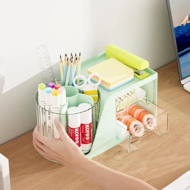 Alt view image 6 of 7 - Desk Organizer with 2 Drawer, 360°Rotating Pen Holder, Desk Organizers and Accessories with 6 Slots Pencil Holder + 2 Drawer, Art Supply Storage Box Caddy for Office (Green)