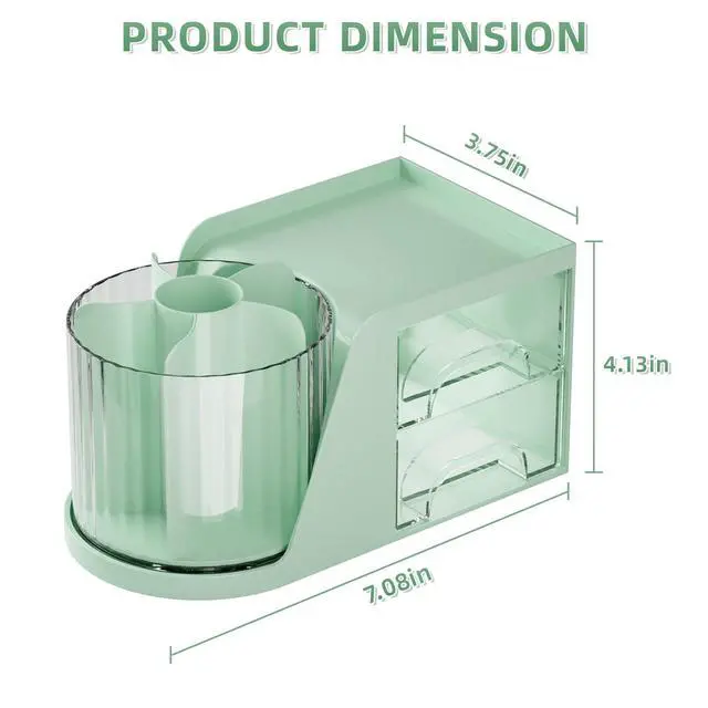 Alt view image 3 of 7 - Desk Organizer with 2 Drawer, 360°Rotating Pen Holder, Desk Organizers and Accessories with 6 Slots Pencil Holder + 2 Drawer, Art Supply Storage Box Caddy for Office (Green)