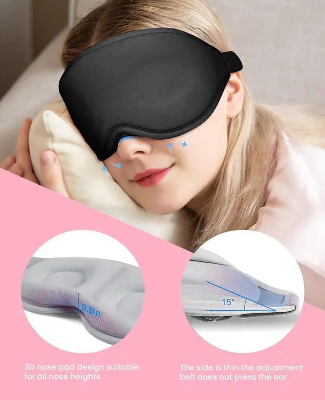 Alt view image 2 of 7 - Sleep Mask for Side Sleeper Women Men, Light Blocking Eye Mask for Sleeping, 3D Contoured Cup Sleeping Mask for Zero Eye Pressure, with Adjustable Elastic Strap for Sleep Travel, Black