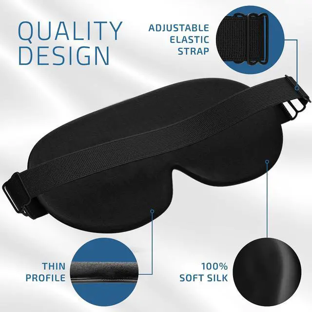 Alt view image 4 of 7 - 100% Silk Sleep Mask for Women Men Side Sleeper - Light Blocking Eye Mask for Sleeping, Zero Pressure Soft Blindfold, Adjustable Strap, Silk Eye Cover for Travel Nap - Black