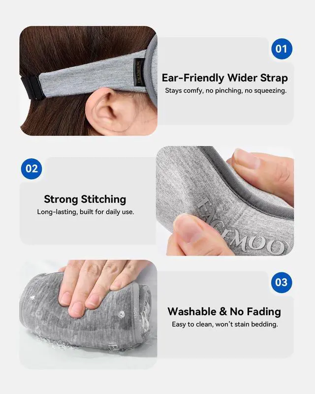 Alt view image 6 of 7 - 3D Blackout Weighted Eye Mask for Sleep, Airplane Travel Essential | Long flights, road trips, gentle weighted comfort, deep cups, lash-friendly, adjustable strap, daytime naps for men & women