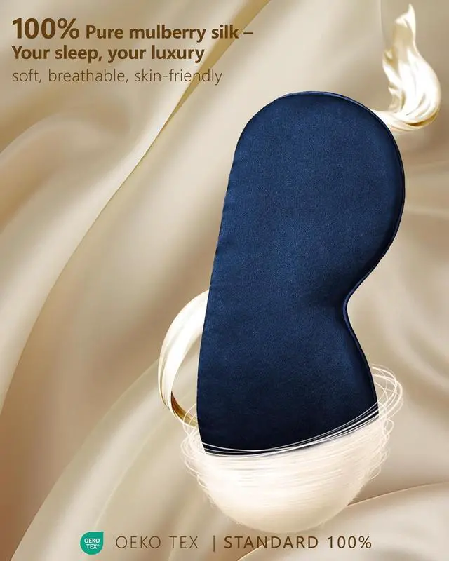 Alt view image 2 of 7 - Silk Eye Mask for Sleeping - Soft Breathable Organic Natural Mulberry Silk Fabric Blackout Sleep Mask with Adjustable Straps No Pressure Eye Mask for Travel Essentials Gifts (Navy Blue)