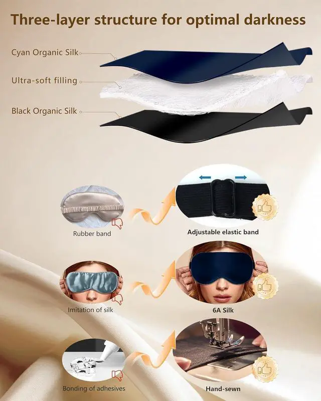 Alt view image 5 of 7 - Silk Eye Mask for Sleeping - Soft Breathable Organic Natural Mulberry Silk Fabric Blackout Sleep Mask with Adjustable Straps No Pressure Eye Mask for Travel Essentials Gifts (Navy Blue)
