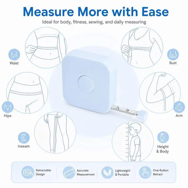 Alt view image 3 of 7 - Measuring Tape for Body 79 Inch 2M, Soft Body Measuring Tape with Inch and Centimeter Dual Scale, One-Button Retract Sewing Tape Measure for Fitness, Tailoring and Daily Use, Sky Blue