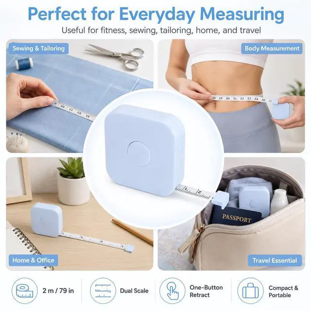 Alt view image 4 of 7 - Measuring Tape for Body 79 Inch 2M, Soft Body Measuring Tape with Inch and Centimeter Dual Scale, One-Button Retract Sewing Tape Measure for Fitness, Tailoring and Daily Use, Sky Blue