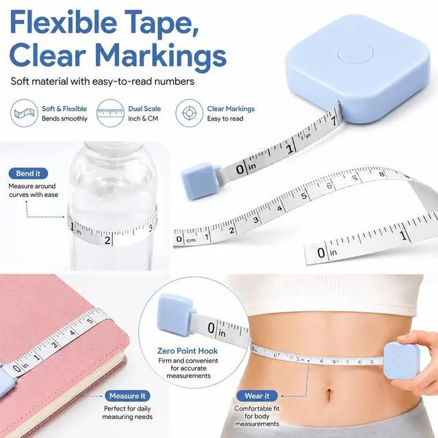 Alt view image 5 of 7 - Measuring Tape for Body 79 Inch 2M, Soft Body Measuring Tape with Inch and Centimeter Dual Scale, One-Button Retract Sewing Tape Measure for Fitness, Tailoring and Daily Use, Sky Blue