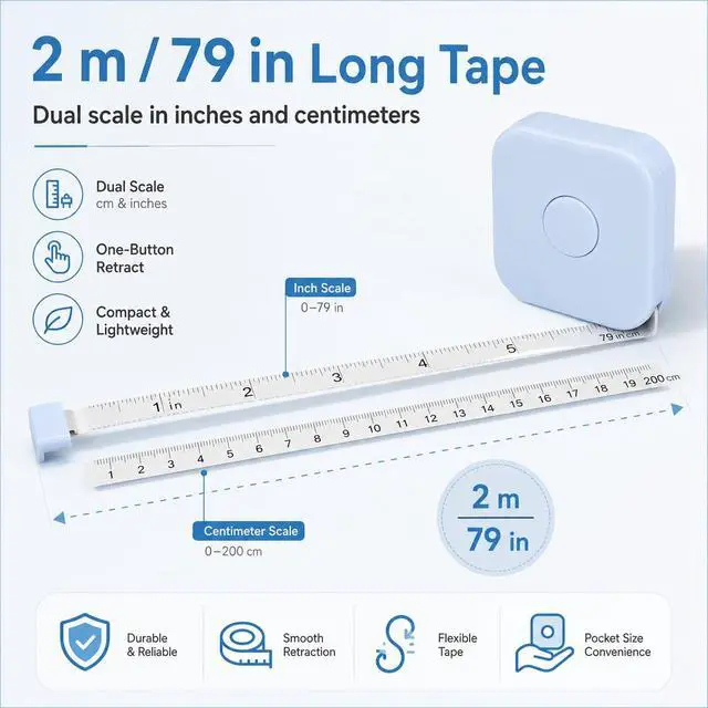 Alt view image 6 of 7 - Measuring Tape for Body 79 Inch 2M, Soft Body Measuring Tape with Inch and Centimeter Dual Scale, One-Button Retract Sewing Tape Measure for Fitness, Tailoring and Daily Use, Sky Blue