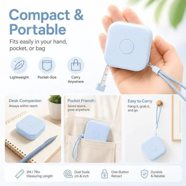 Alt view image 7 of 7 - Measuring Tape for Body 79 Inch 2M, Soft Body Measuring Tape with Inch and Centimeter Dual Scale, One-Button Retract Sewing Tape Measure for Fitness, Tailoring and Daily Use, Sky Blue