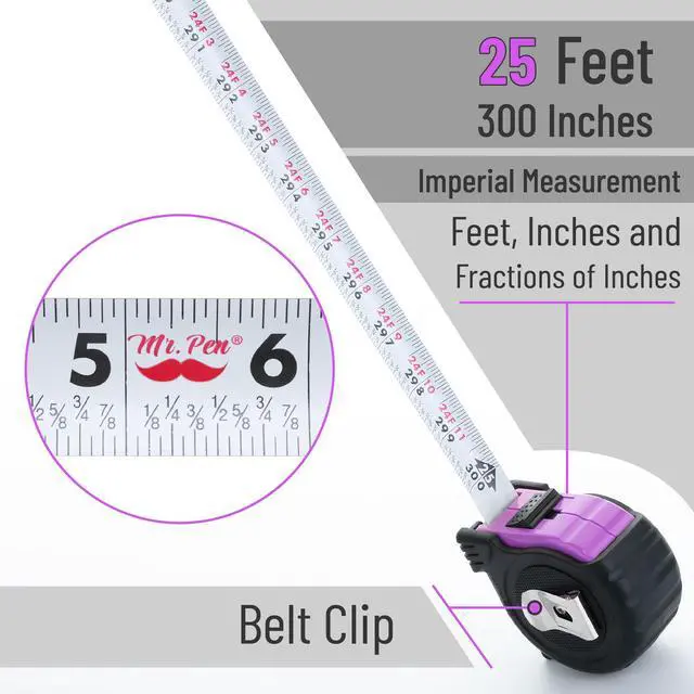 Alt view image 3 of 7 - Retractable Tape Measure 25 ft, Pastel Purple, Easy Read | Steel Retractable Measuring Tape with Fractions, Ideal for Construction & DIY Projects