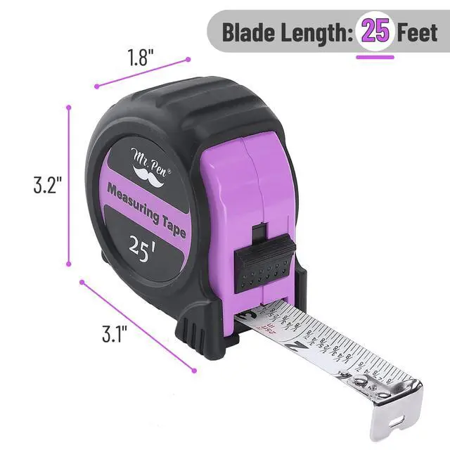 Alt view image 2 of 7 - Retractable Tape Measure 25 ft, Pastel Purple, Easy Read | Steel Retractable Measuring Tape with Fractions, Ideal for Construction & DIY Projects