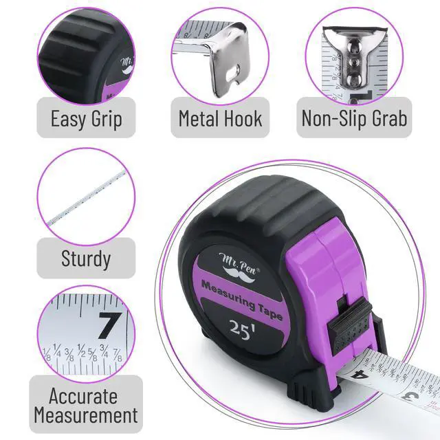Alt view image 4 of 7 - Retractable Tape Measure 25 ft, Pastel Purple, Easy Read | Steel Retractable Measuring Tape with Fractions, Ideal for Construction & DIY Projects