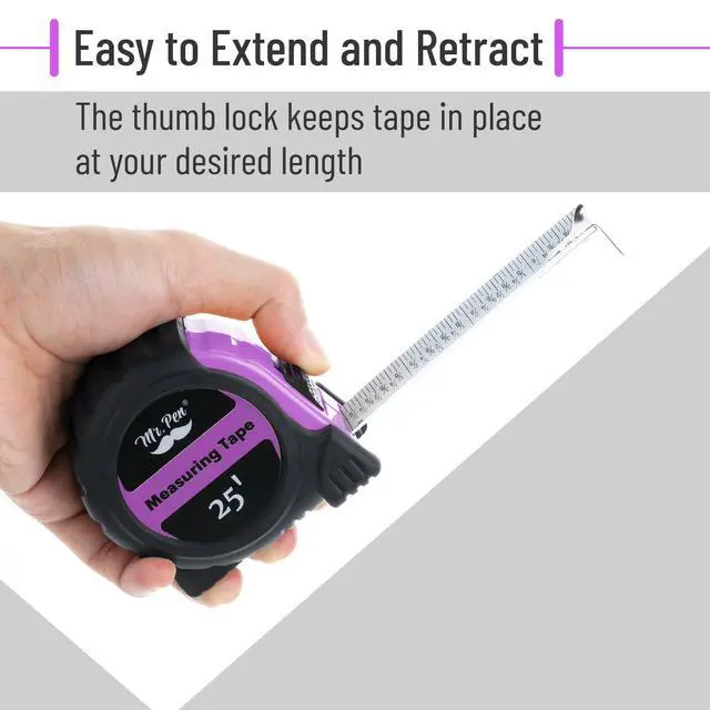 Alt view image 5 of 7 - Retractable Tape Measure 25 ft, Pastel Purple, Easy Read | Steel Retractable Measuring Tape with Fractions, Ideal for Construction & DIY Projects