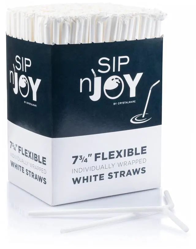 Main image of Bulk Pack of 380 Flexible Plastic Drinking Straws - White, Individually Wrapped, Food-Safe BPA Free, 7.75 Inches Long (1 Box)
