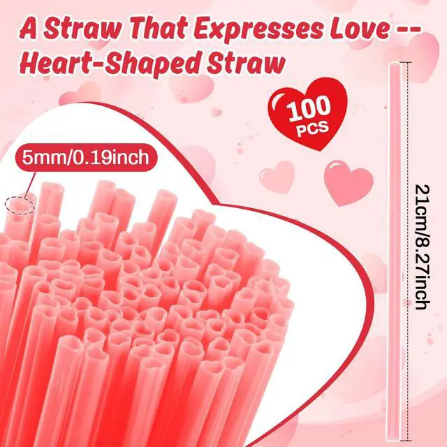 Alt view image 2 of 6 - Valentine's Day Heart Straws - 100 Pink Plastic Straws Heart Shaped | Cute Disposable Drinking Straws for Weddings, Birthday, Galentine Party, Cocktails Decorations