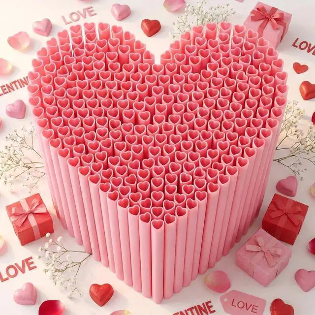 Main image of Valentine's Day Heart Straws - 100 Pink Plastic Straws Heart Shaped | Cute Disposable Drinking Straws for Weddings, Birthday, Galentine Party, Cocktails Decorations