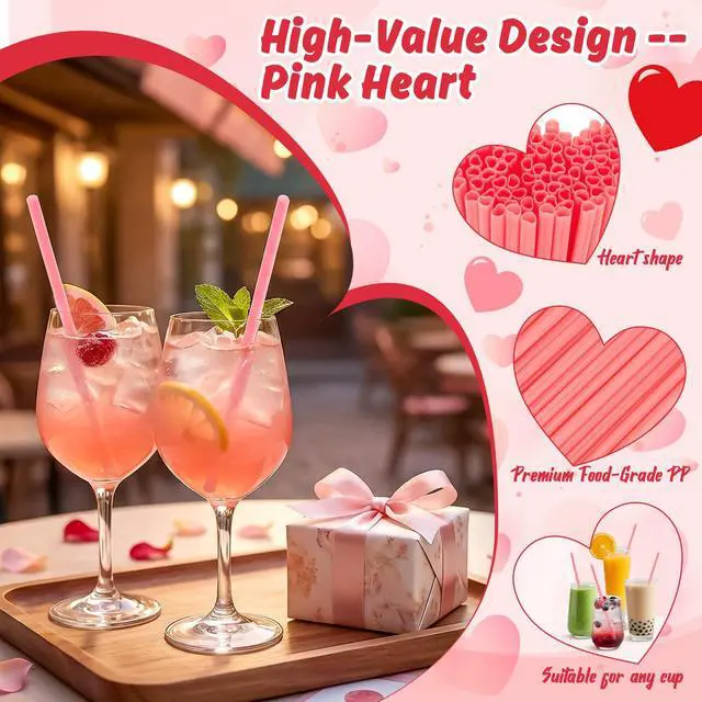 Alt view image 3 of 6 - Valentine's Day Heart Straws - 100 Pink Plastic Straws Heart Shaped | Cute Disposable Drinking Straws for Weddings, Birthday, Galentine Party, Cocktails Decorations