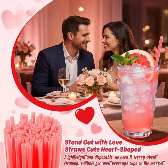 Alt view image 4 of 6 - Valentine's Day Heart Straws - 100 Pink Plastic Straws Heart Shaped | Cute Disposable Drinking Straws for Weddings, Birthday, Galentine Party, Cocktails Decorations