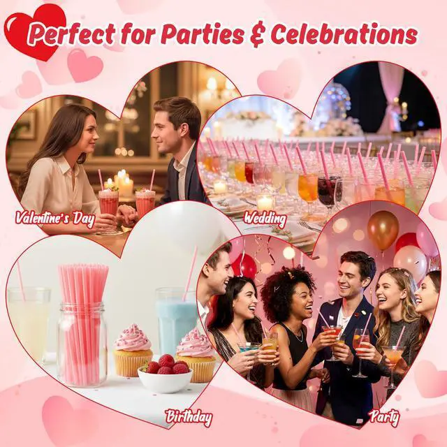 Alt view image 5 of 6 - Valentine's Day Heart Straws - 100 Pink Plastic Straws Heart Shaped | Cute Disposable Drinking Straws for Weddings, Birthday, Galentine Party, Cocktails Decorations