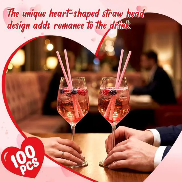 Alt view image 6 of 6 - Valentine's Day Heart Straws - 100 Pink Plastic Straws Heart Shaped | Cute Disposable Drinking Straws for Weddings, Birthday, Galentine Party, Cocktails Decorations