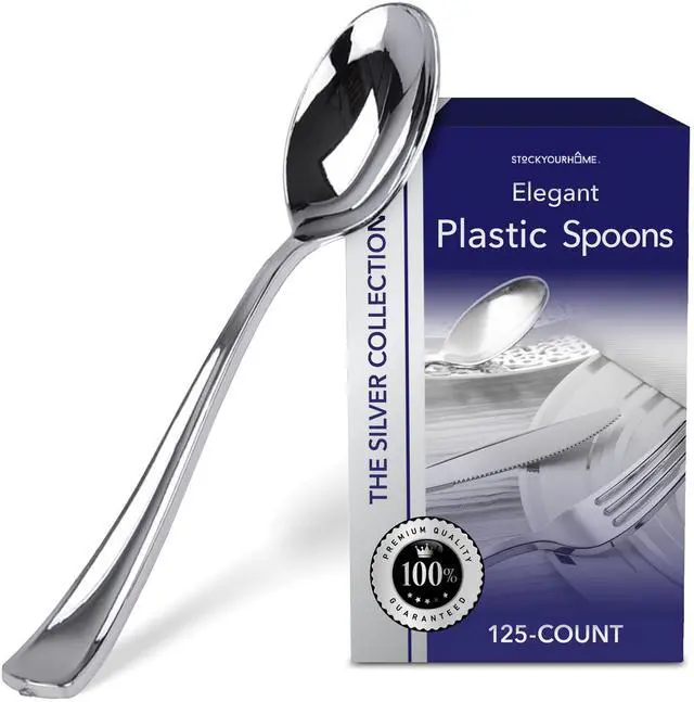 Main image of 125 Disposable Heavy Duty Plastic Spoons, Fancy Plastic Silverware Looks Like Real Cutlery - Utensils Perfect for Catering Events, Restaurants, Parties and Weddings (Silver)