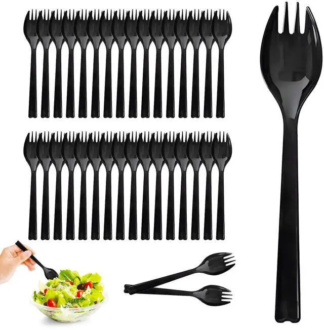 Main image of 50-Pack Long Handle Disposable Plastic Spoons with Fork Tips, 6.3 Inch Heavyweight Black Spork, Food-Grade Utensils for Catering, Takeout, Restaurants, Parties & Daily Use