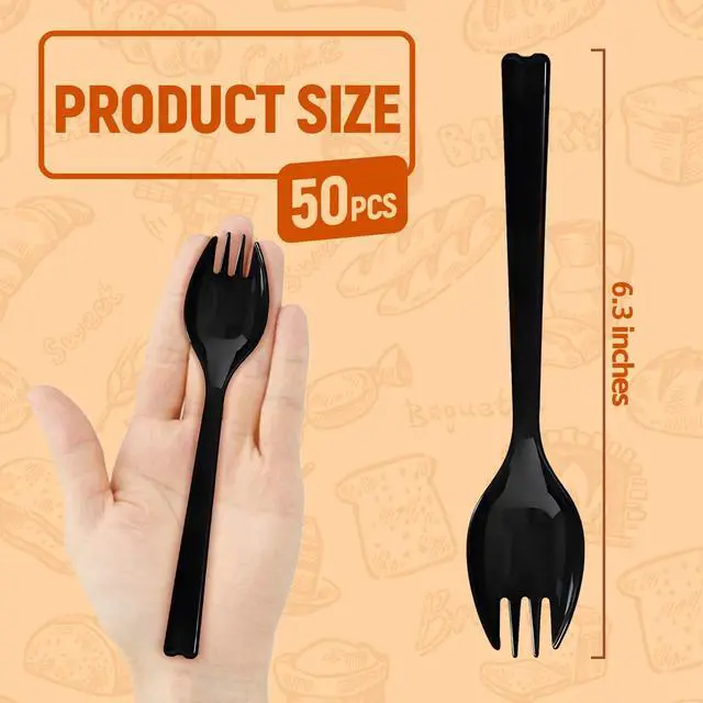 Alt view image 2 of 7 - 50-Pack Long Handle Disposable Plastic Spoons with Fork Tips, 6.3 Inch Heavyweight Black Spork, Food-Grade Utensils for Catering, Takeout, Restaurants, Parties & Daily Use
