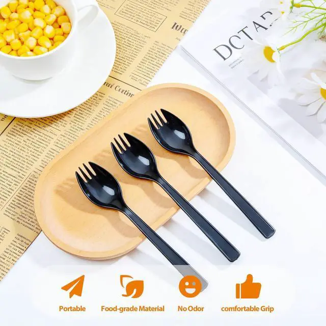 Alt view image 3 of 7 - 50-Pack Long Handle Disposable Plastic Spoons with Fork Tips, 6.3 Inch Heavyweight Black Spork, Food-Grade Utensils for Catering, Takeout, Restaurants, Parties & Daily Use