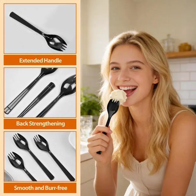 Alt view image 4 of 7 - 50-Pack Long Handle Disposable Plastic Spoons with Fork Tips, 6.3 Inch Heavyweight Black Spork, Food-Grade Utensils for Catering, Takeout, Restaurants, Parties & Daily Use