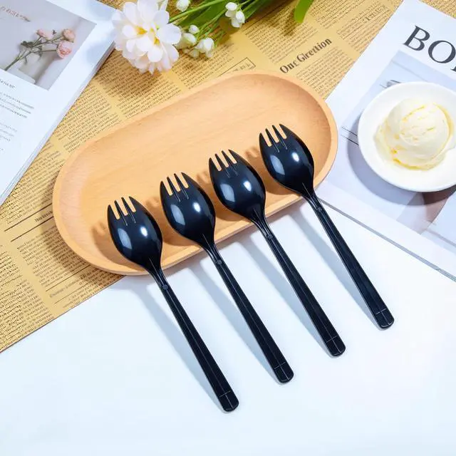 Alt view image 5 of 7 - 50-Pack Long Handle Disposable Plastic Spoons with Fork Tips, 6.3 Inch Heavyweight Black Spork, Food-Grade Utensils for Catering, Takeout, Restaurants, Parties & Daily Use