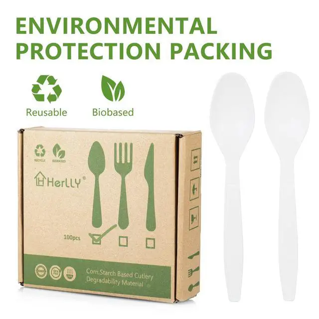 Alt view image 2 of 6 - Compostable Spoon,100 Biodegradable Silverware for Party,Large Disposable Utensils Eco Friendly Durable and Heat Resistant,Alternative to Plastic Spoon