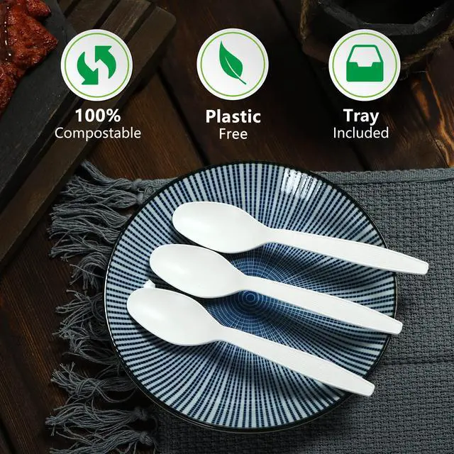 Alt view image 4 of 6 - Compostable Spoon,100 Biodegradable Silverware for Party,Large Disposable Utensils Eco Friendly Durable and Heat Resistant,Alternative to Plastic Spoon