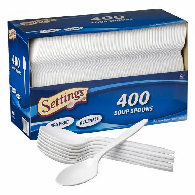 Main image of Plastic Soup Spoons Heavy Duty Disposable White, 400 Count | Deep bowl BPA-free scoop for soups, stews, ramen & cereal; great for parties, weddings, catering & takeout meals
